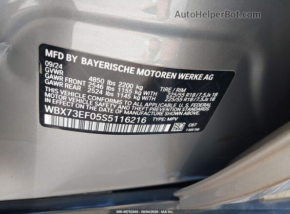 WBX73EF05S5116216 2025 BMW X1 Silver Շարժիչի բաժամունքի տեսք