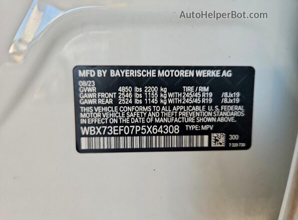 WBX73EF07P5X64308 2023 BMW X1 White Widok naklejki z numerem VIN