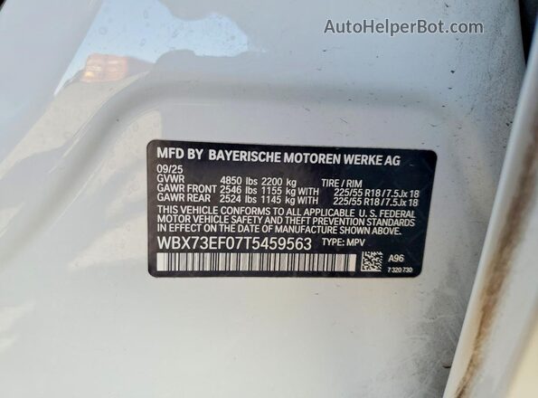 WBX73EF07T5459563 2026 BMW X1 White VIN sticker view