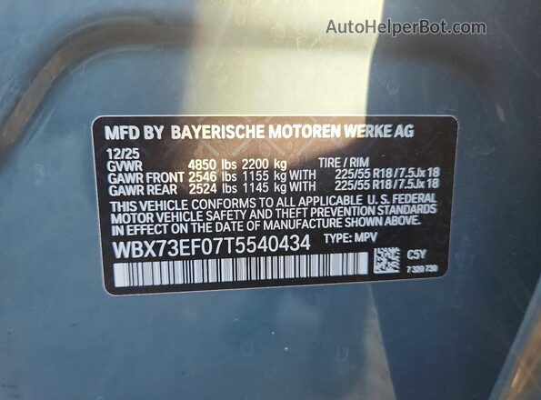 WBX73EF07T5540434 2026 BMW X1 Teal VIN կոդի պիտակի տեսք