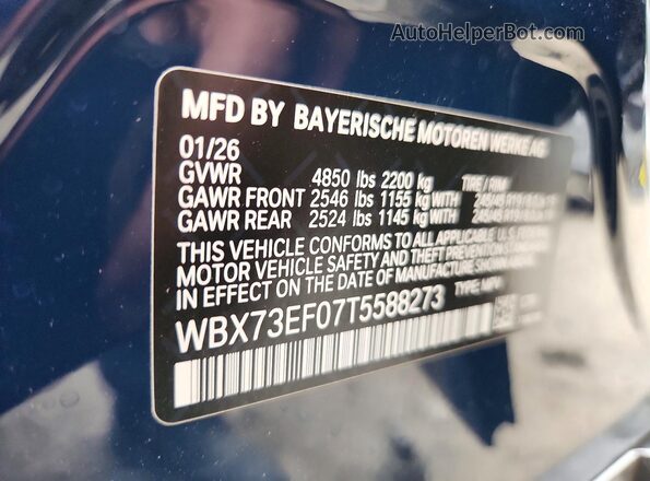 WBX73EF07T5588273 2026 BMW X1 Blue Vista de la etiqueta del VIN