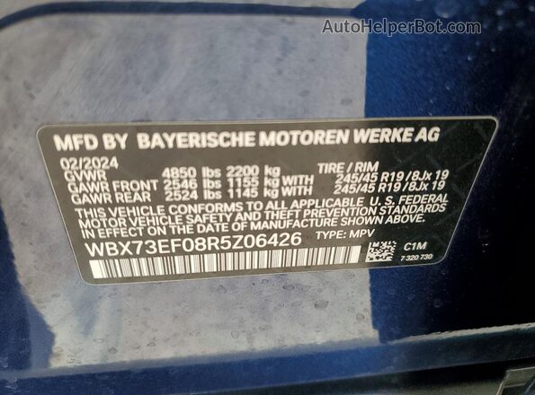 WBX73EF08R5Z06426 2024 BMW X1 Blue Vista de la etiqueta del VIN
