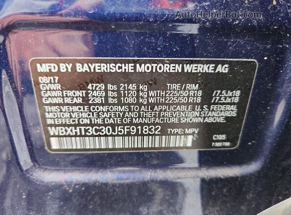WBXHT3C30J5F91832 2018 BMW X1 Blue Вид наклейки з VIN-кодом