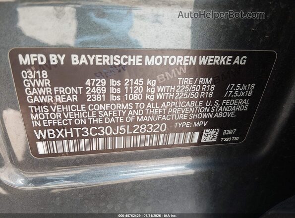 WBXHT3C30J5L28320 2018 BMW X1 Gray ძრავის განყოფილების ხედი