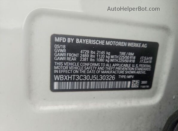 WBXHT3C30J5L30326 2018 BMW X1 White VIN կոդի պիտակի տեսք