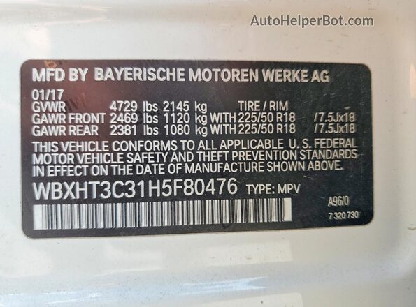 WBXHT3C31H5F80476 2017 BMW X1 White Vista interior de 360 grados