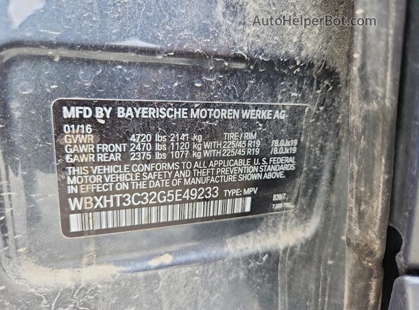 WBXHT3C32G5E49233 2016 BMW X1 Gray სალონის 360-გრადუსიანი ხედი