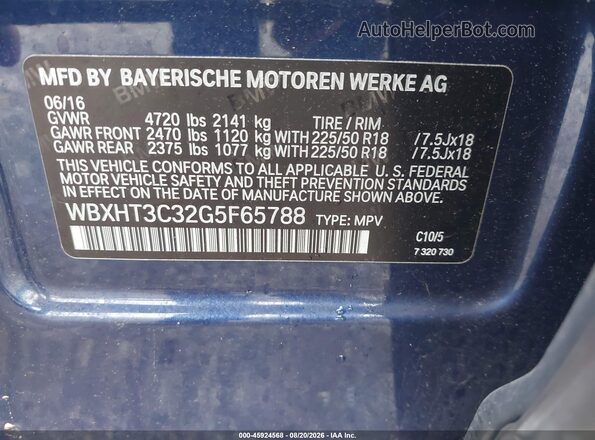 WBXHT3C32G5F65788 2016 BMW X1 Blue Engine compartment view