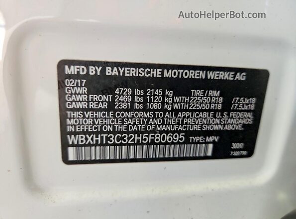 WBXHT3C32H5F80695 2017 BMW X1 White VIN კოდის სტიკერის ხედი