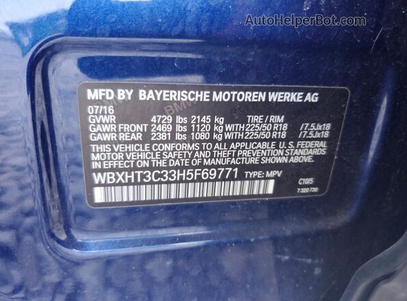 WBXHT3C33H5F69771 2017 BMW X1 Blue VIN კოდის სტიკერის ხედი