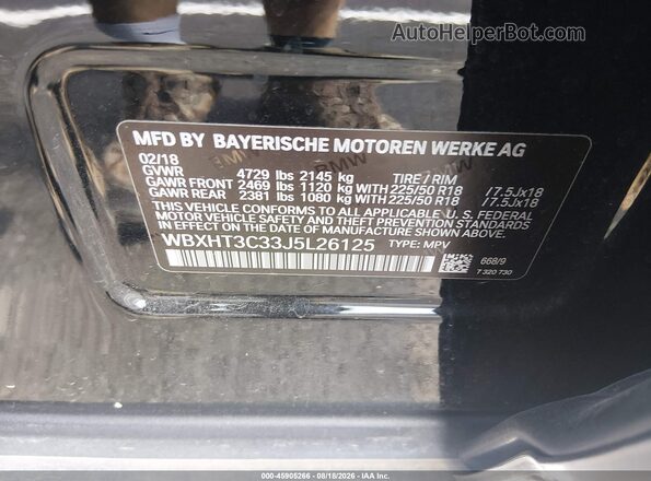 WBXHT3C33J5L26125 2018 BMW X1 Black Вид підкапотного простору