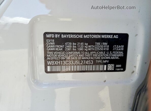 WBXHT3C33J5L27453 2018 BMW X1 White VIN კოდის სტიკერის ხედი