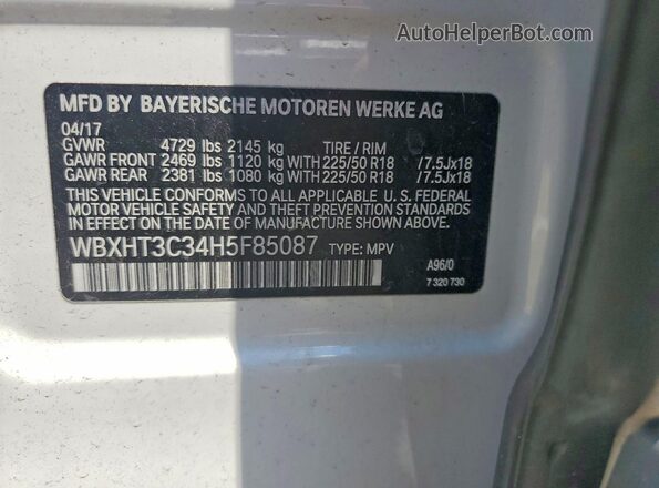 WBXHT3C34H5F85087 2017 BMW X1 White VIN կոդի պիտակի տեսք