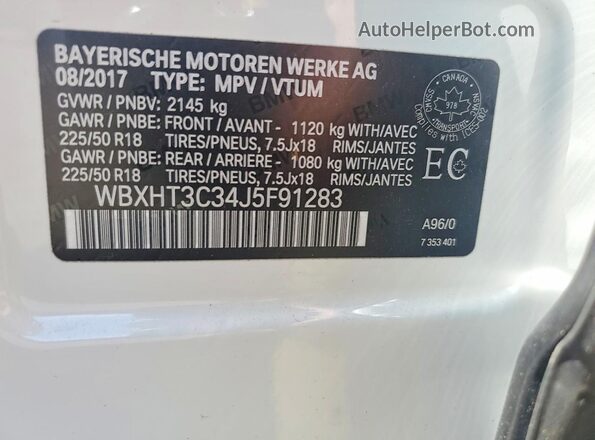 WBXHT3C34J5F91283 2018 BMW X1 White VIN sticker view