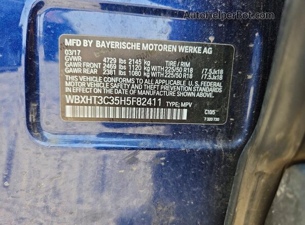 WBXHT3C35H5F82411 2017 BMW X1 Blue VIN კოდის სტიკერის ხედი