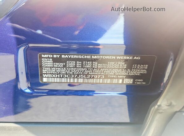 WBXHT3C37J5L27973 2018 BMW X1 Blue Вид підкапотного простору