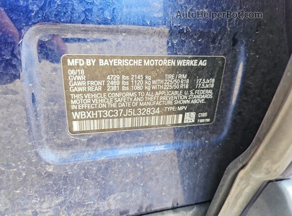 WBXHT3C37J5L32834 2018 BMW X1 Синий Панорамный вид салона 360°