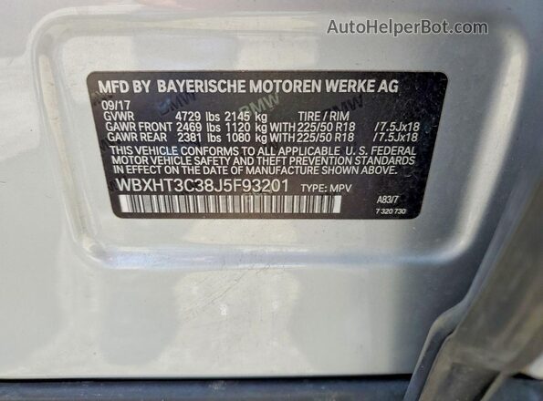 WBXHT3C38J5F93201 2018 BMW X1 Silver VIN sticker view