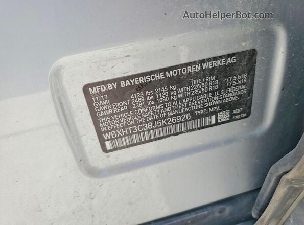 WBXHT3C38J5K26926 2018 BMW X1 Silver VIN კოდის სტიკერის ხედი