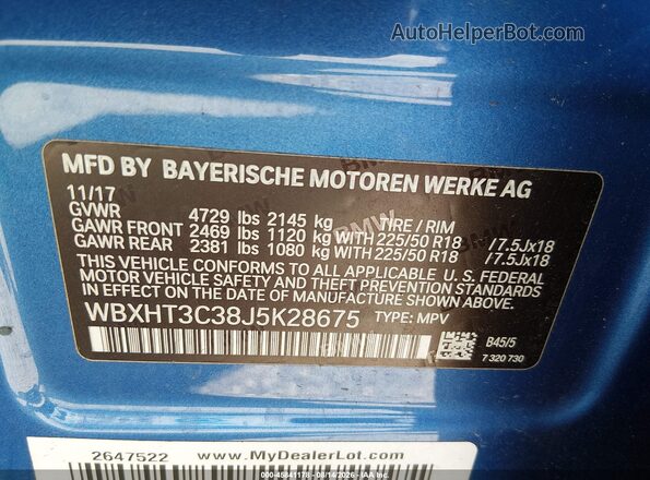 WBXHT3C38J5K28675 2018 BMW X1 Blue ძრავის განყოფილების ხედი