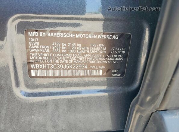 WBXHT3C39J5K22934 2018 BMW X1 Серый Вид наклейки с VIN-кодом