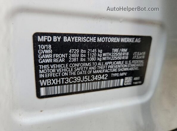 WBXHT3C39J5L34942 2018 BMW X1 White Вид наклейки з VIN-кодом