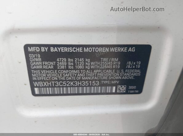 WBXHT3C52K3H35153 2019 BMW X1 White Vista del compartimento del motor