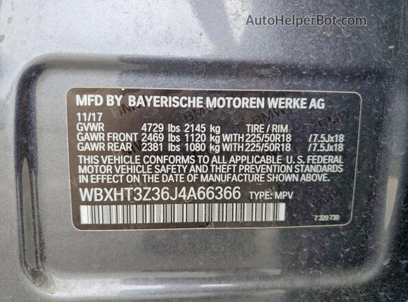 WBXHT3Z36J4A66366 2018 BMW X1 Gray VIN კოდის სტიკერის ხედი
