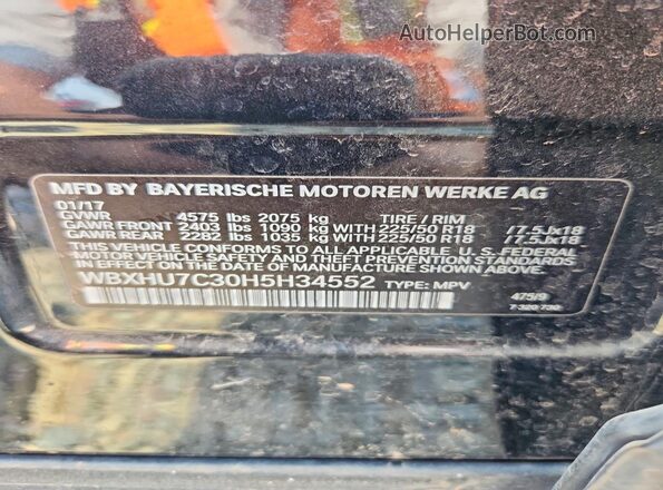 WBXHU7C30H5H34552 2017 BMW X1 Black VIN კოდის სტიკერის ხედი