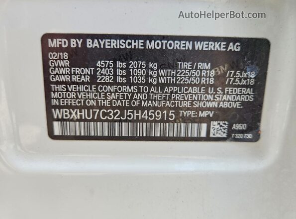WBXHU7C32J5H45915 2018 BMW X1 White VIN կոդի պիտակի տեսք