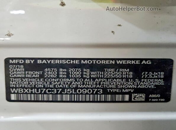 WBXHU7C37J5L09073 2018 BMW X1 White VIN sticker view