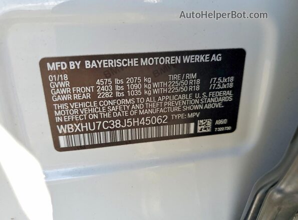 WBXHU7C38J5H45062 2018 BMW X1 White VIN կոդի պիտակի տեսք