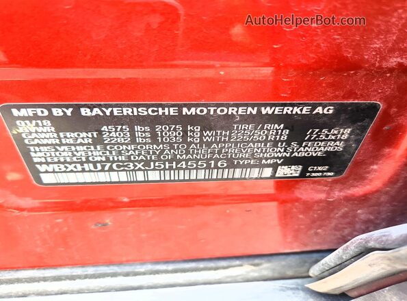 WBXHU7C3XJ5H45516 2018 BMW X1 Red Вид наклейки з VIN-кодом
