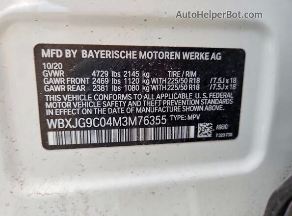 WBXJG9C04M3M76355 2021 BMW X1 White VIN კოდის სტიკერის ხედი