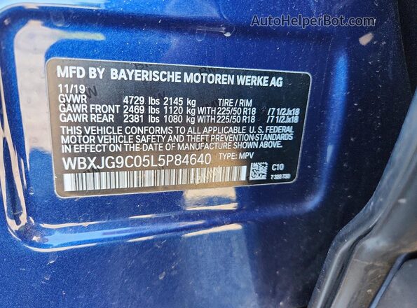 WBXJG9C05L5P84640 2020 BMW X1 Blue VIN կոդի պիտակի տեսք