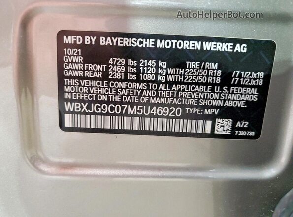 WBXJG9C07M5U46920 2021 BMW X1 Tan VIN კოდის სტიკერის ხედი