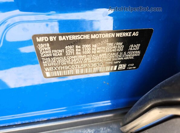 WBXYH9C07L5P53630 2020 BMW X2 Blue VIN կոդի պիտակի տեսք