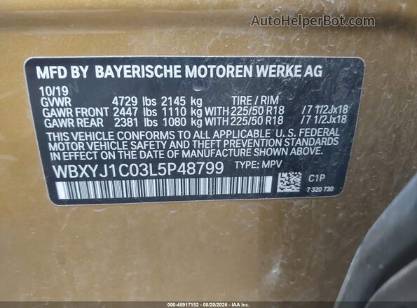 WBXYJ1C03L5P48799 2020 BMW X2 Gold Вид підкапотного простору