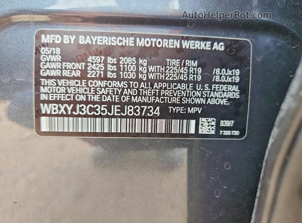 WBXYJ3C35JEJ83734 2018 BMW X2 Gray Vista de la etiqueta del VIN