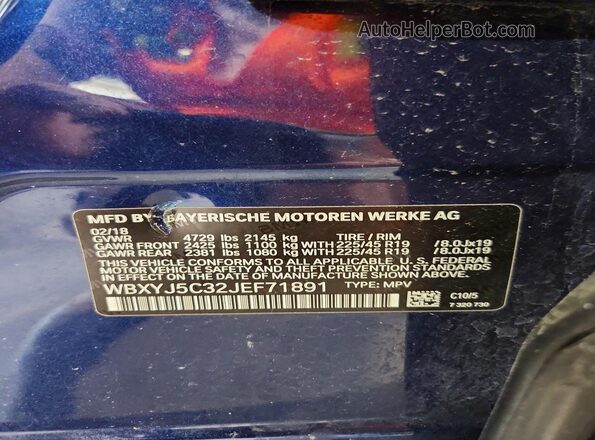 WBXYJ5C32JEF71891 2018 BMW X2 Blue Vista de la etiqueta del VIN