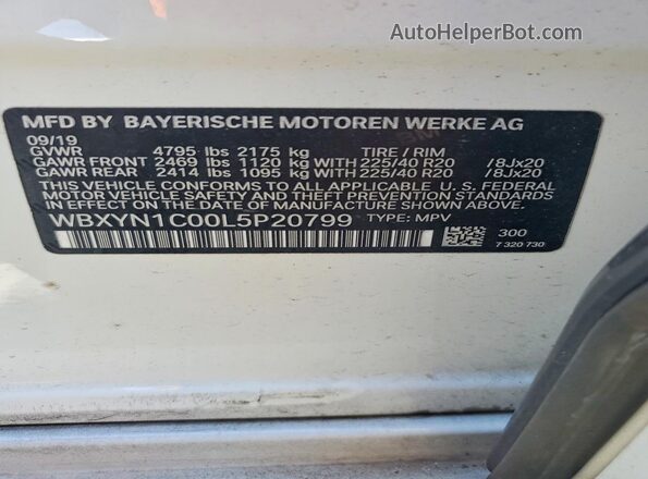 WBXYN1C00L5P20799 2020 BMW X2 White Vista de la etiqueta del VIN