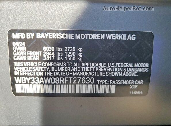 WBY33AW08RFT27630 2024 BMW I4 Silver Вид наклейки з VIN-кодом