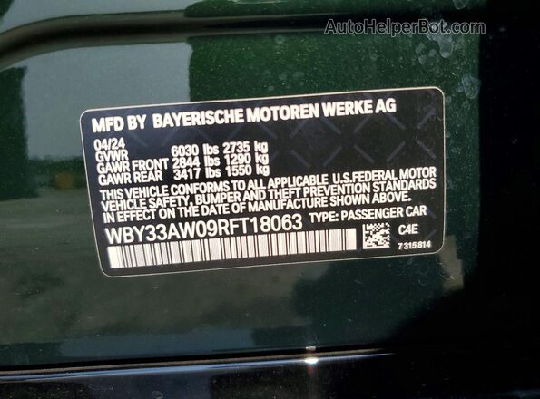 WBY33AW09RFT18063 2024 BMW I4 Green Вид наклейки з VIN-кодом