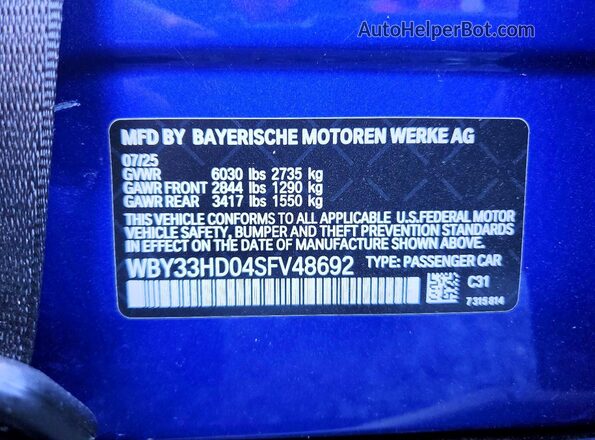 WBY33HD04SFV48692 2025 BMW I4 Blue Vista de la etiqueta del VIN
