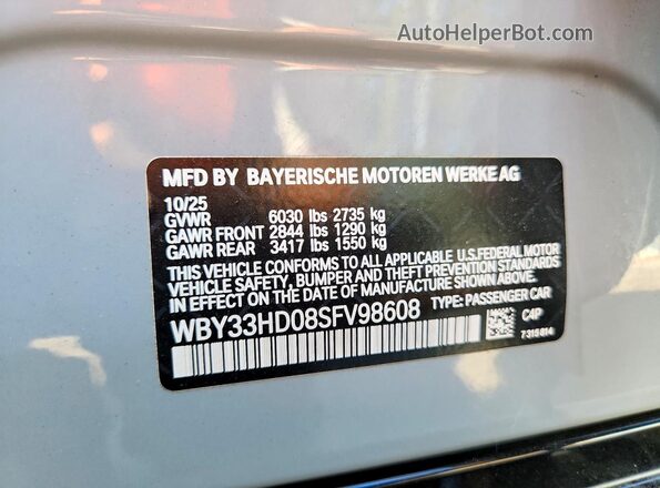 WBY33HD08SFV98608 2025 BMW I4 Gray Вид наклейки з VIN-кодом