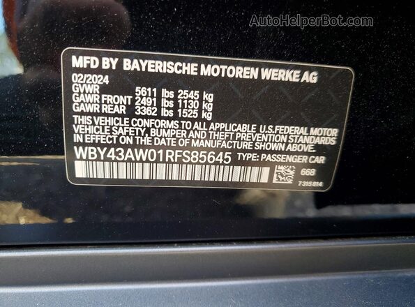 WBY43AW01RFS85645 2024 BMW I4 Black VIN կոդի պիտակի տեսք