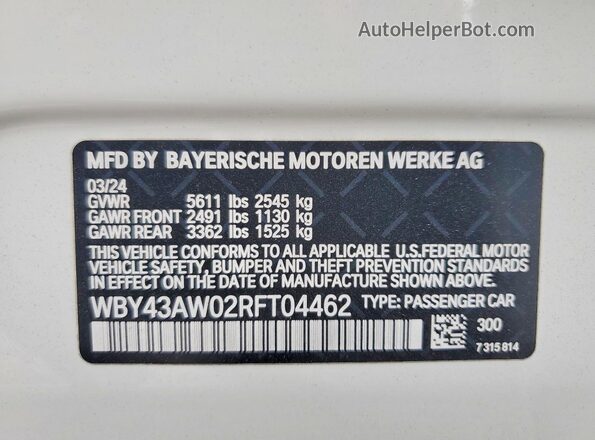 WBY43AW02RFT04462 2024 BMW I4 Белый Вид наклейки с VIN-кодом