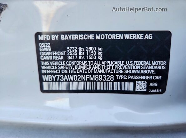 WBY73AW02NFM89328 2022 BMW I4 White Вид наклейки з VIN-кодом