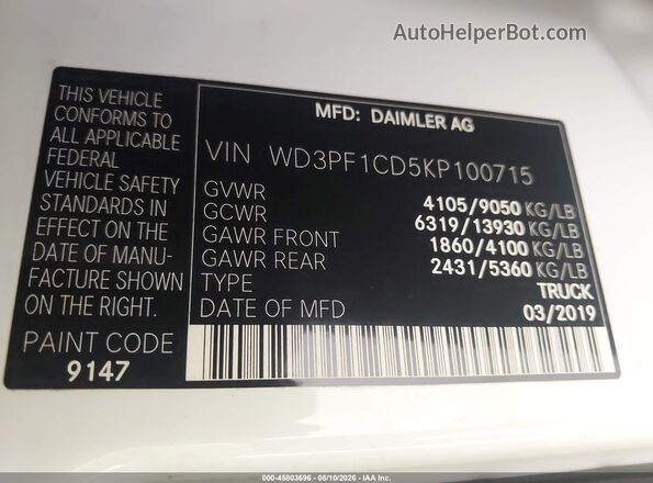 WD3PF1CD5KP100715 2019 MERCEDES-BENZ SPRINTER Белый Вид подкапотного пространства