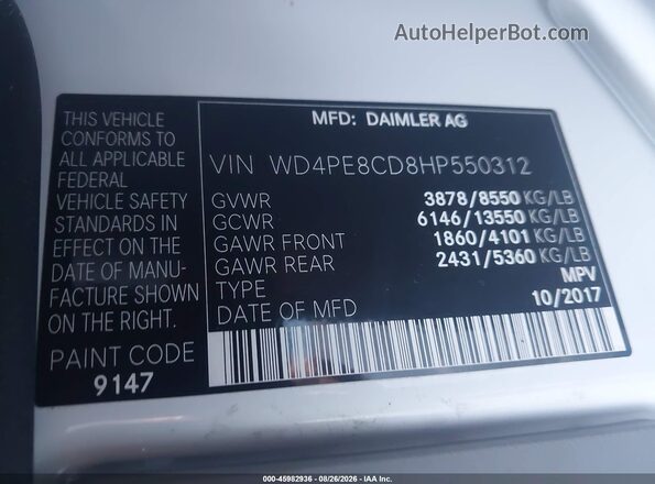 WD4PE8CD8HP550312 2017 MERCEDES-BENZ SPRINTER White Widok komory silnika